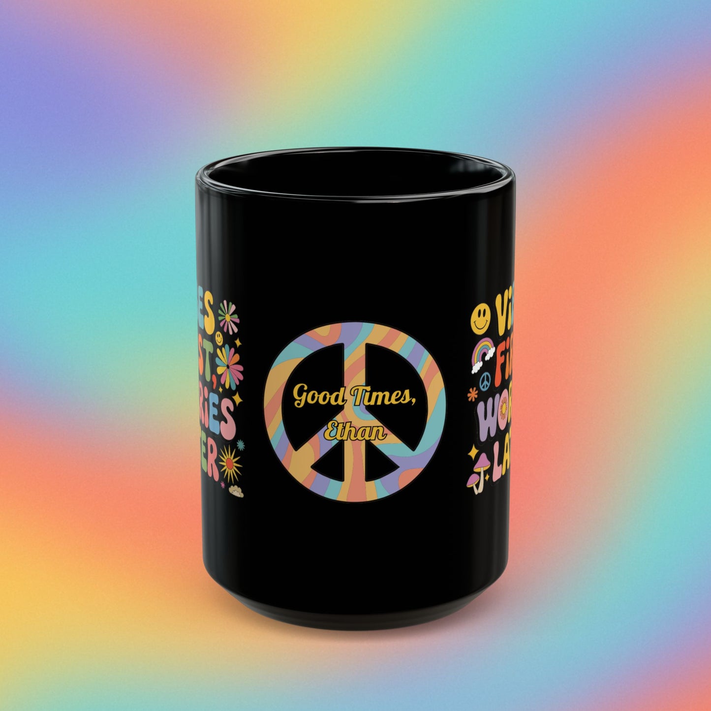 Vibes First Worries Later Retro 70s Mug, Groovy Mental Wellness Coffee Gift - MySisterIsASurvivor