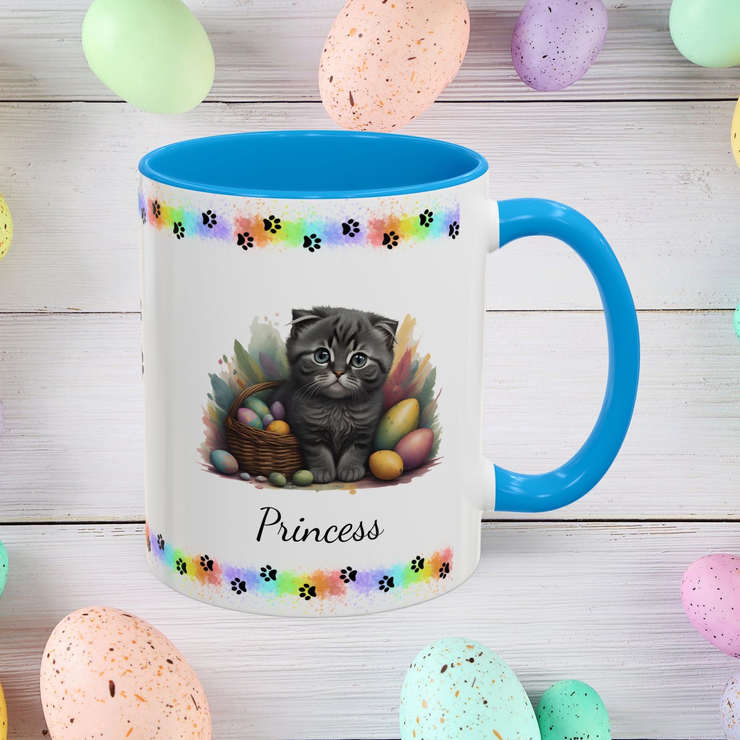 Scottish Fold Easter coffee mug, personalized kitten design, cute cat gift for mental health awareness