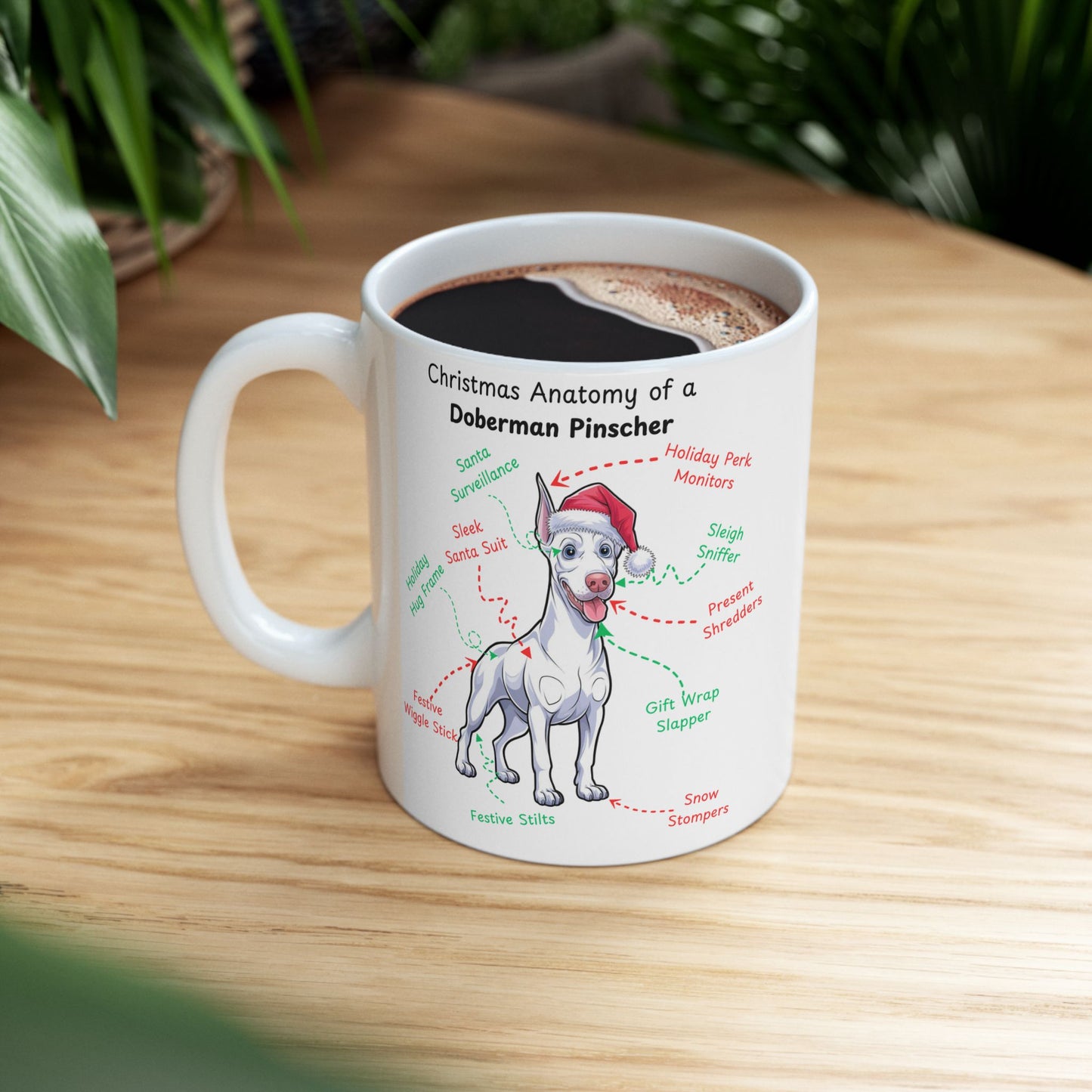 White Doberman Christmas dog anatomy mug, custom holiday cup for breed enthusiasts