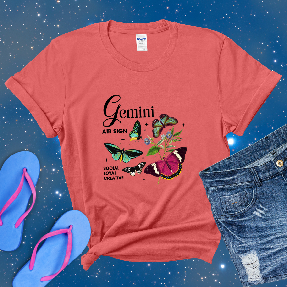 Gemini Butterfly Zodiac T-Shirt, astrology horoscope shirt, Gemini birthday gift tee for men or women