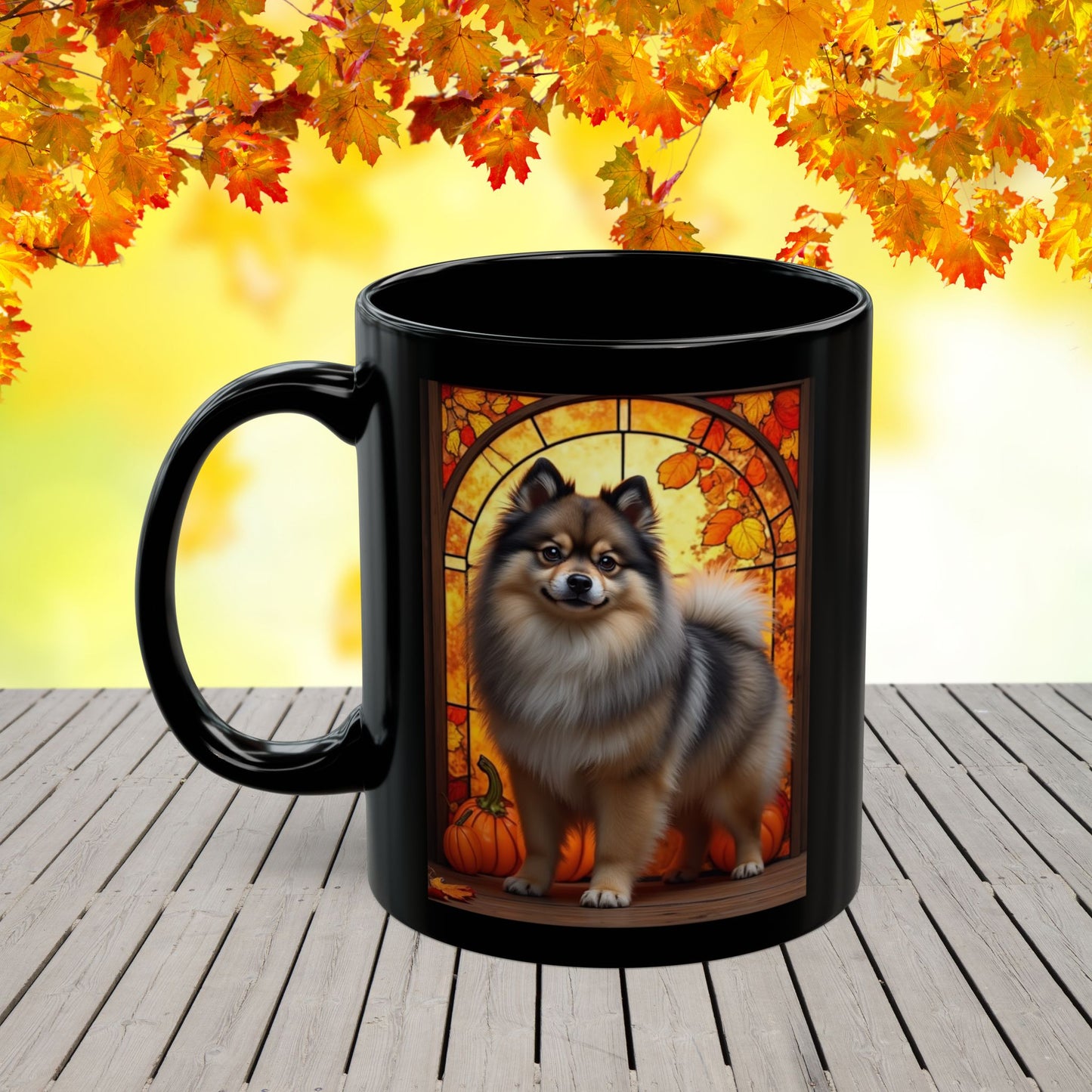 Wolf Sable Pomeranian autumn mug, personalized coffee cup for dog moms, dads, and Pom enthusiasts