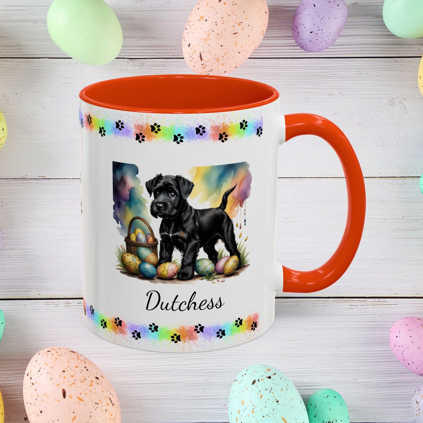 Black Schnauzer Easter puppy coffee mug personalized dog lover gift, promoting peace, positivity, and emotional wellness.