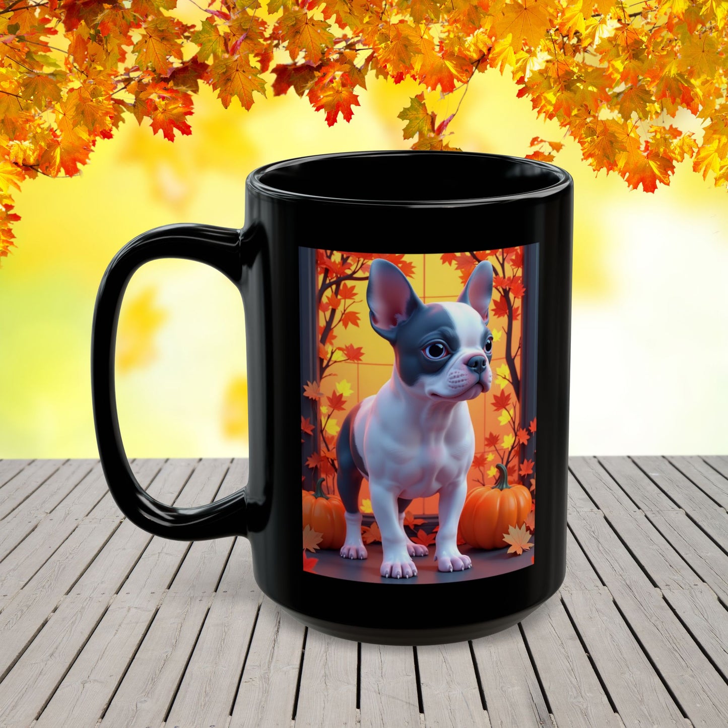 Blue Pied French Bulldog Autumn Black Mug - Seasonal dog lover gift coffee cup