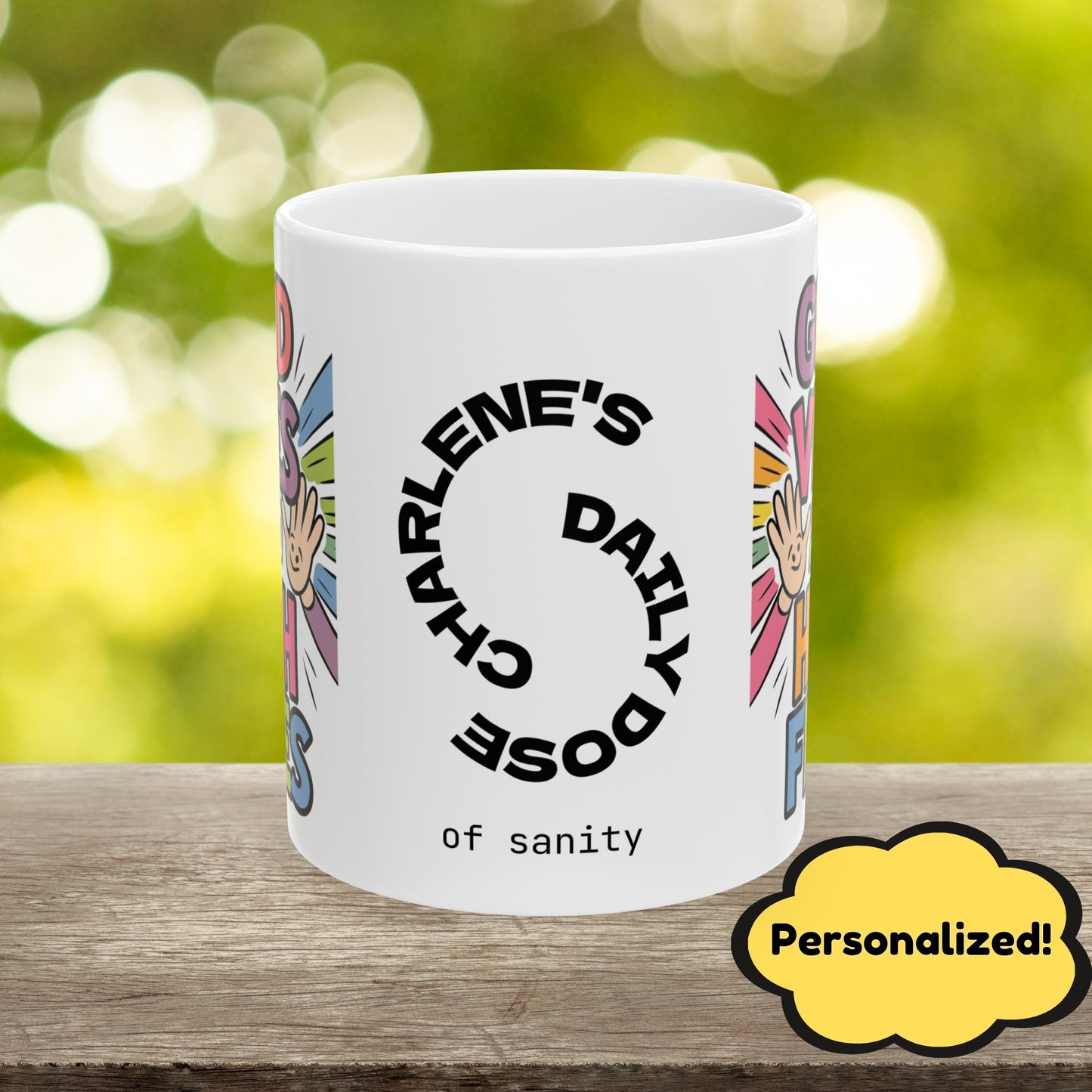 "Good Vibes And High Fives" funny mental health mug, personalized ceramic cup with anxiety relief and positive affirmations.