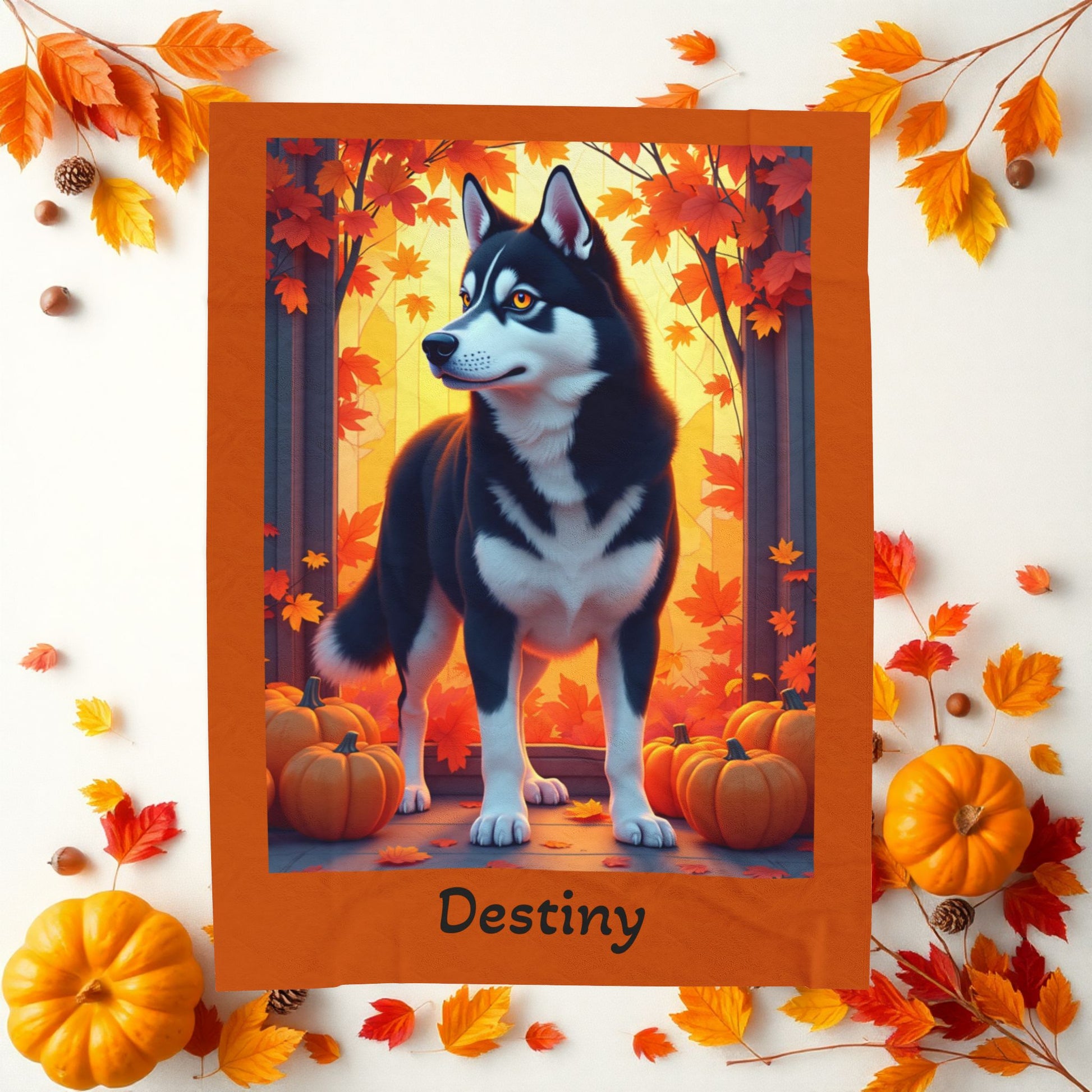 Siberian Husky Black & White Coat (Amber Eyes) Velveteen Blanket, Custom Dog Lover Throw