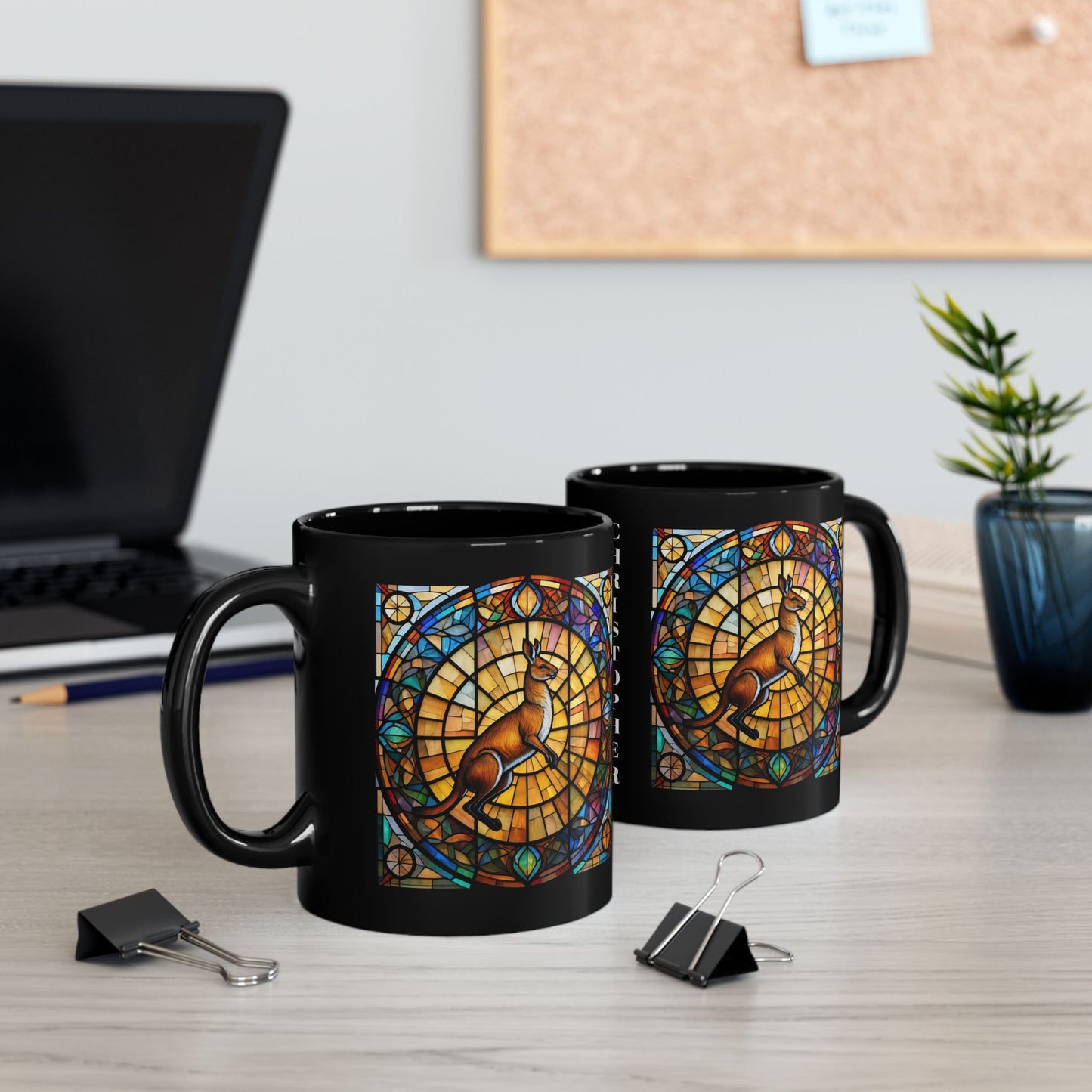Kangaroo personalized coffee mug, stained glass animal design, unique gift for animal lovers.