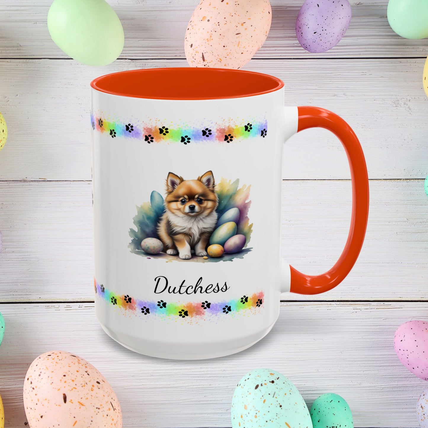 Pomeranian Cream Sable Easter puppy coffee mug, personalized cute dog gift for mental health awareness and comfort