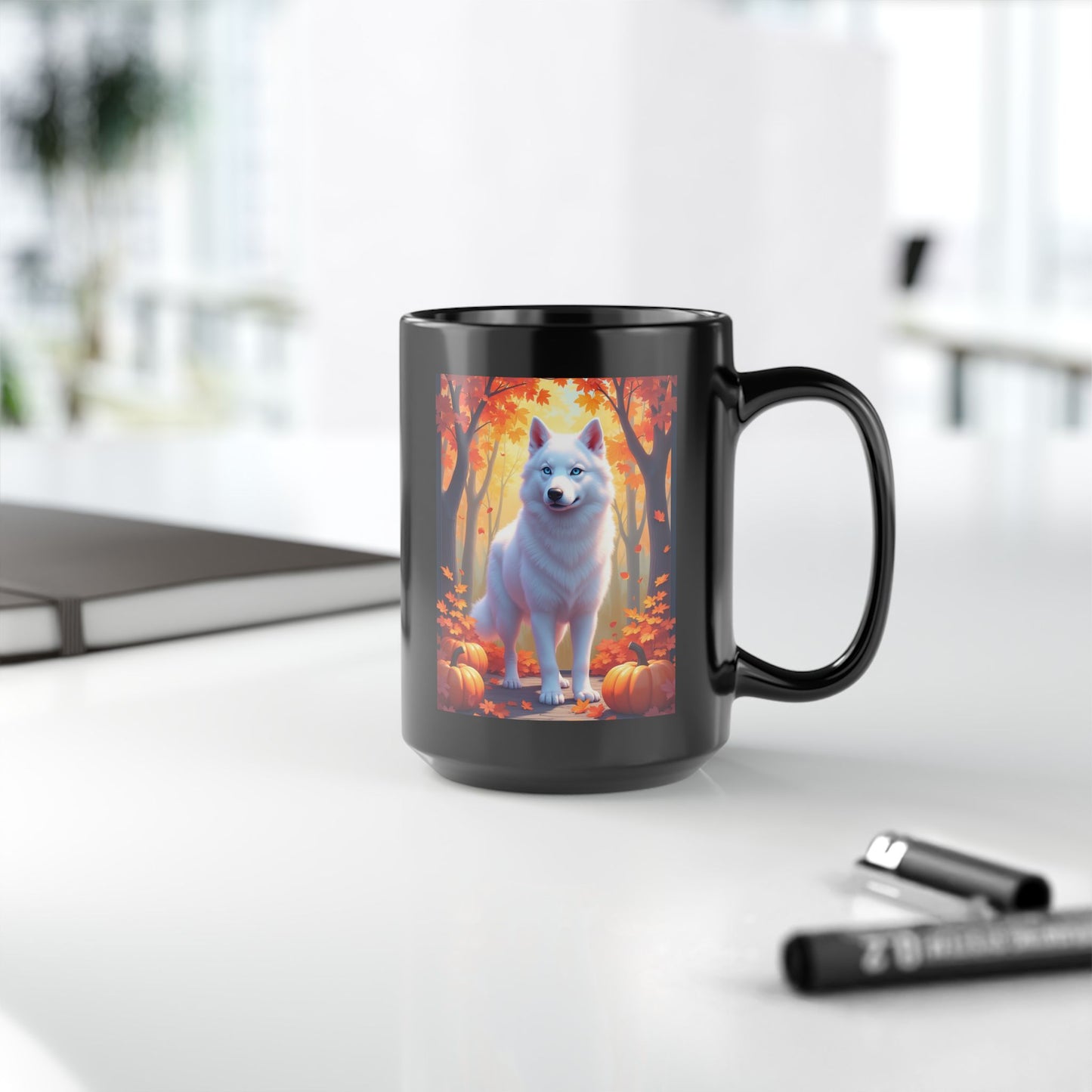 White Siberian Husky autumn coffee mug, personalized fall dog lover gift for coffee or tea enthusiasts