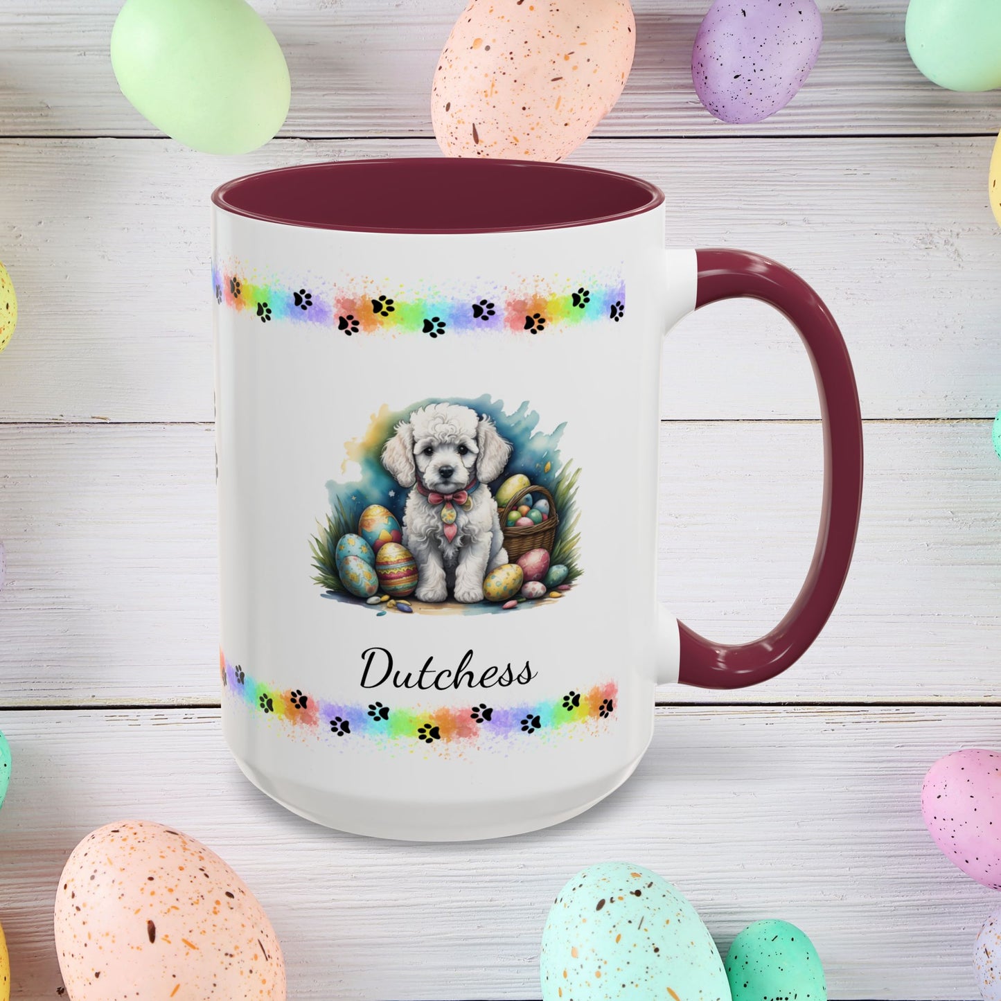 White Poodle Easter puppy coffee mug with custom dog design, perfect Easter gift for pet owners and mental wellness support.