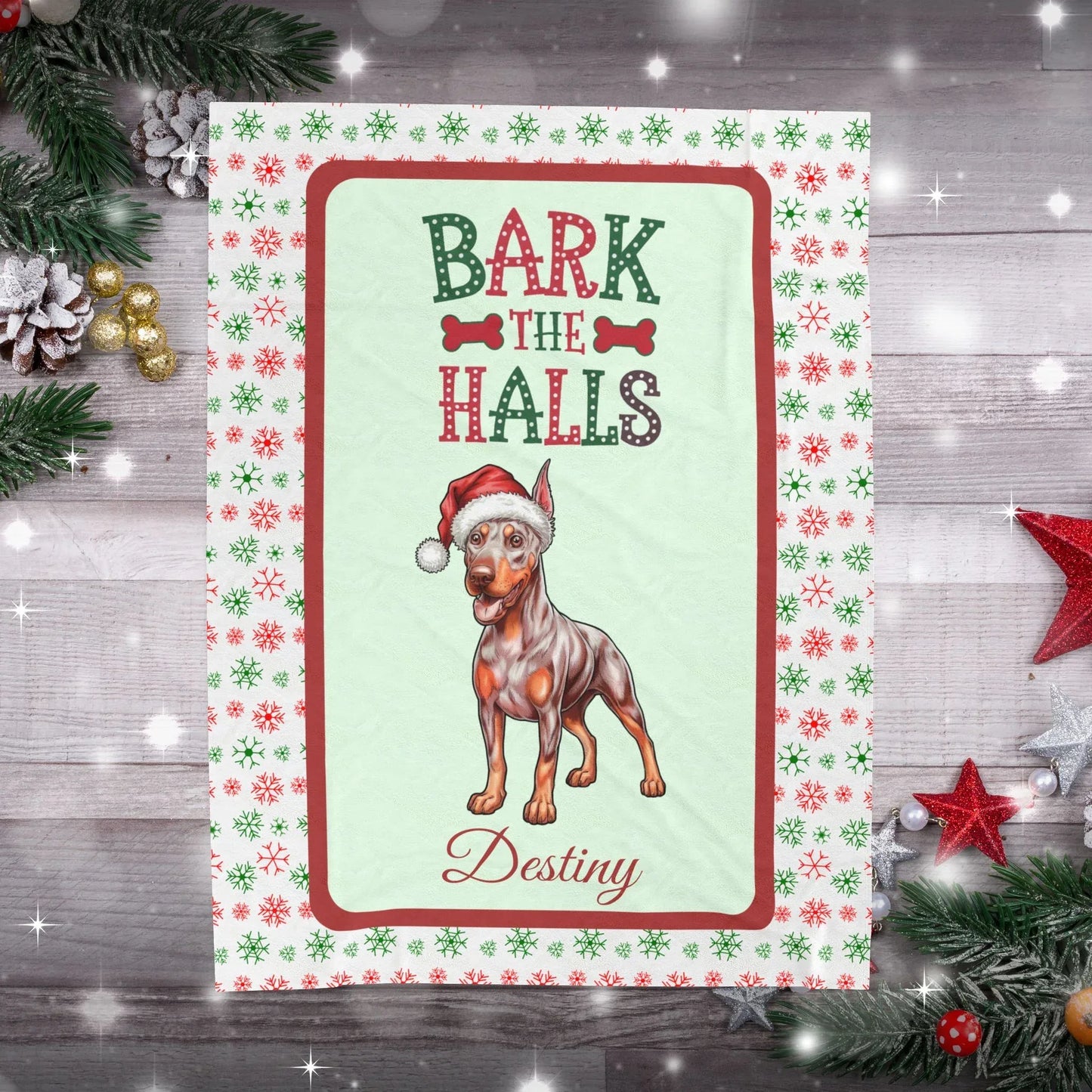 Shop our premium personalized doberman pinscher fawn rust velveteen plush blanket bark the halls from MySisterIsASurvivor.