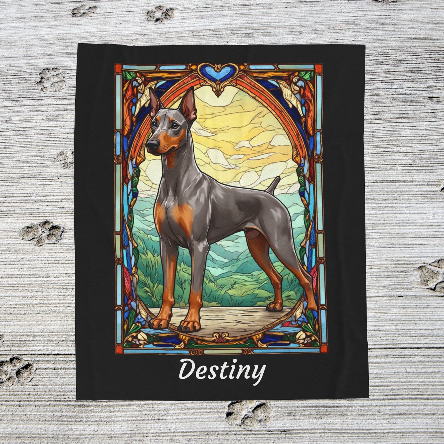 Doberman fawn Isabella and rust velveteen blanket, stained glass dog throw, personalized pet gift - MySisterIsASurvivor