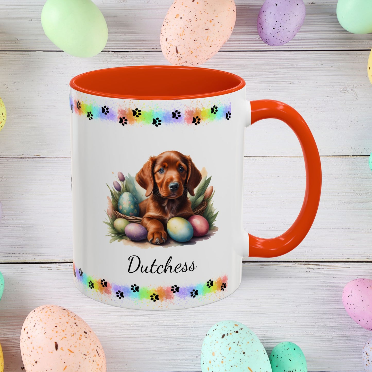 Irish Setter Easter puppy coffee mug, personalized cute dog gift for mental health support and cozy mornings