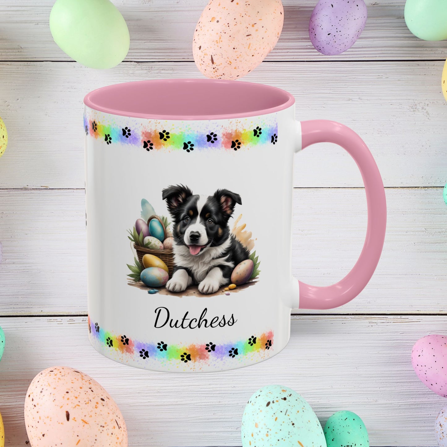 Border Collie Black & White Easter puppy coffee mug, personalized cute dog gift for mental health support