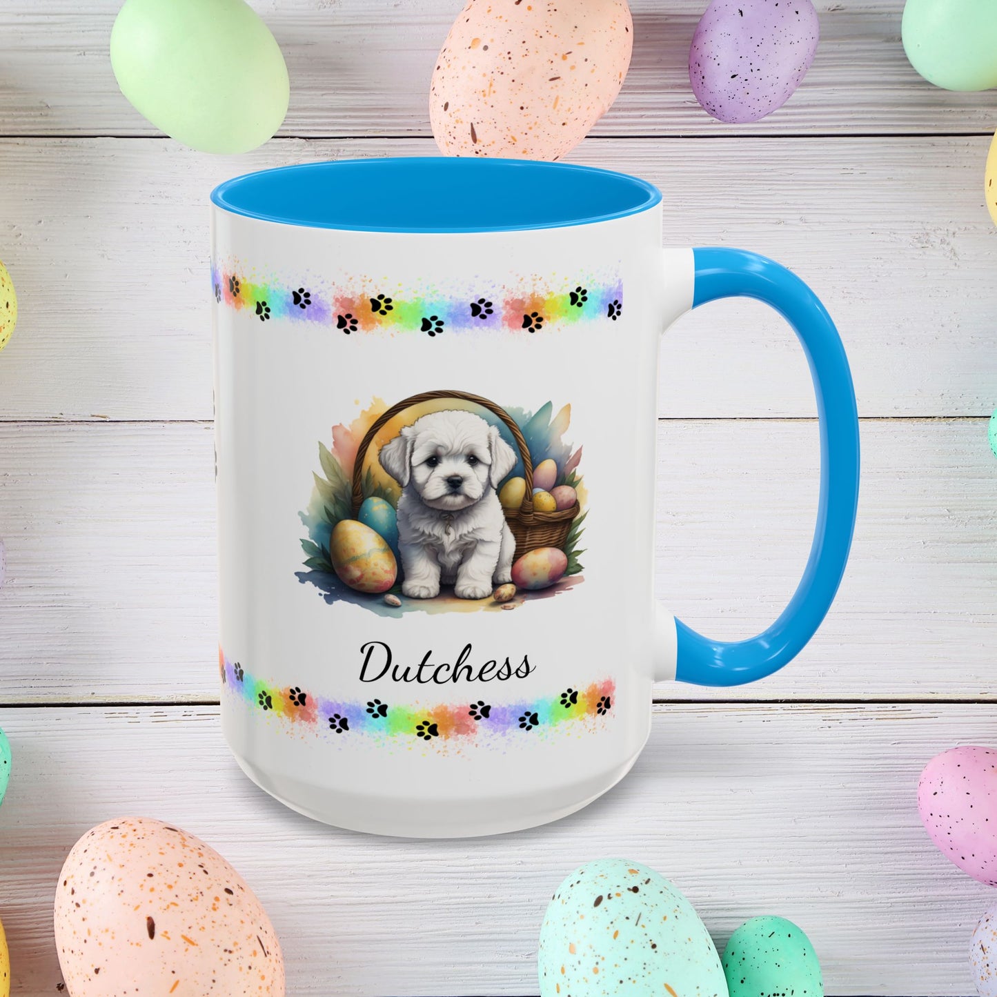 Bichon Frise personalized Easter puppy mug, cute dog coffee cup gift for mental health awareness and comfort