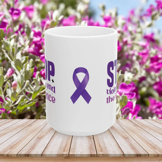 Shop our stop violence end the silence ceramic mug 11oz 15oz 2 featuring the 15oz style option from MySisterIsASurvivor.