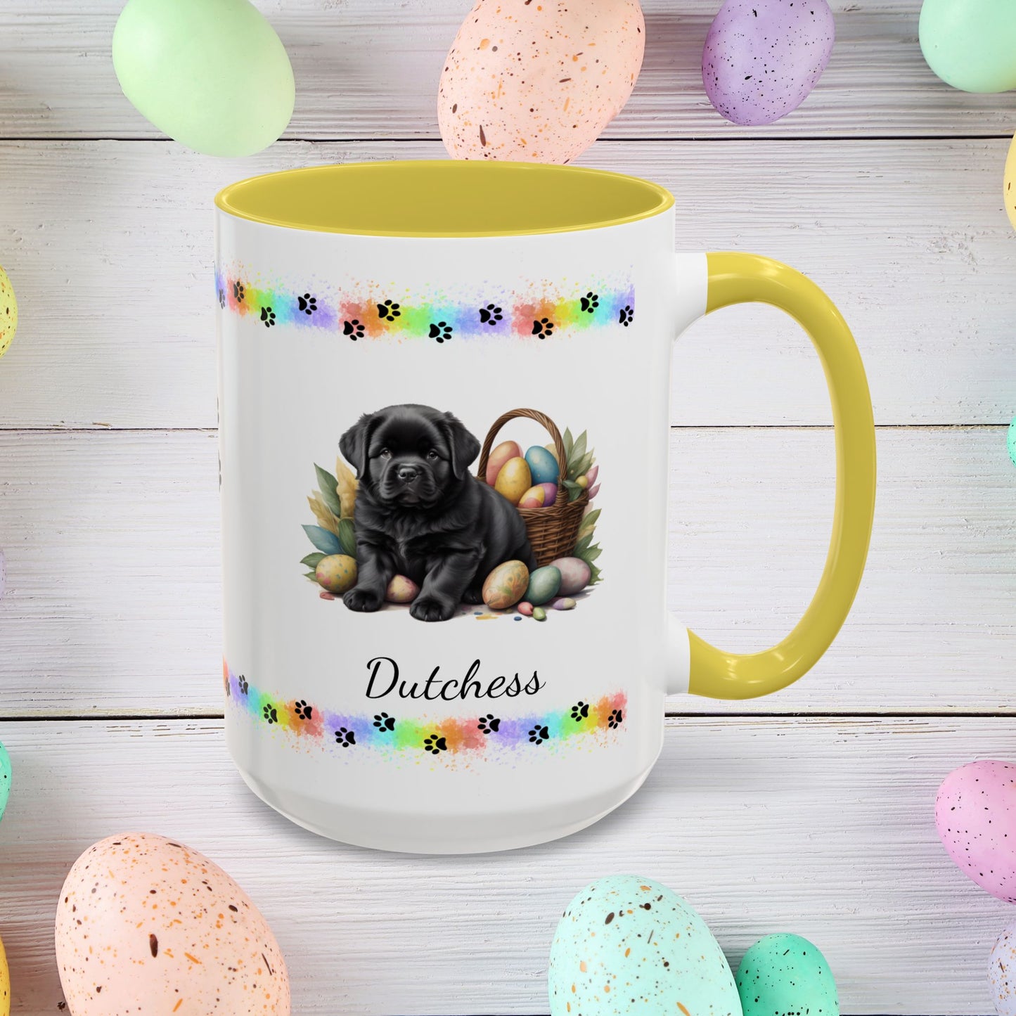 Newfoundland Black Easter puppy coffee mug, personalized cute dog gift for mental health awareness and cozy sipping