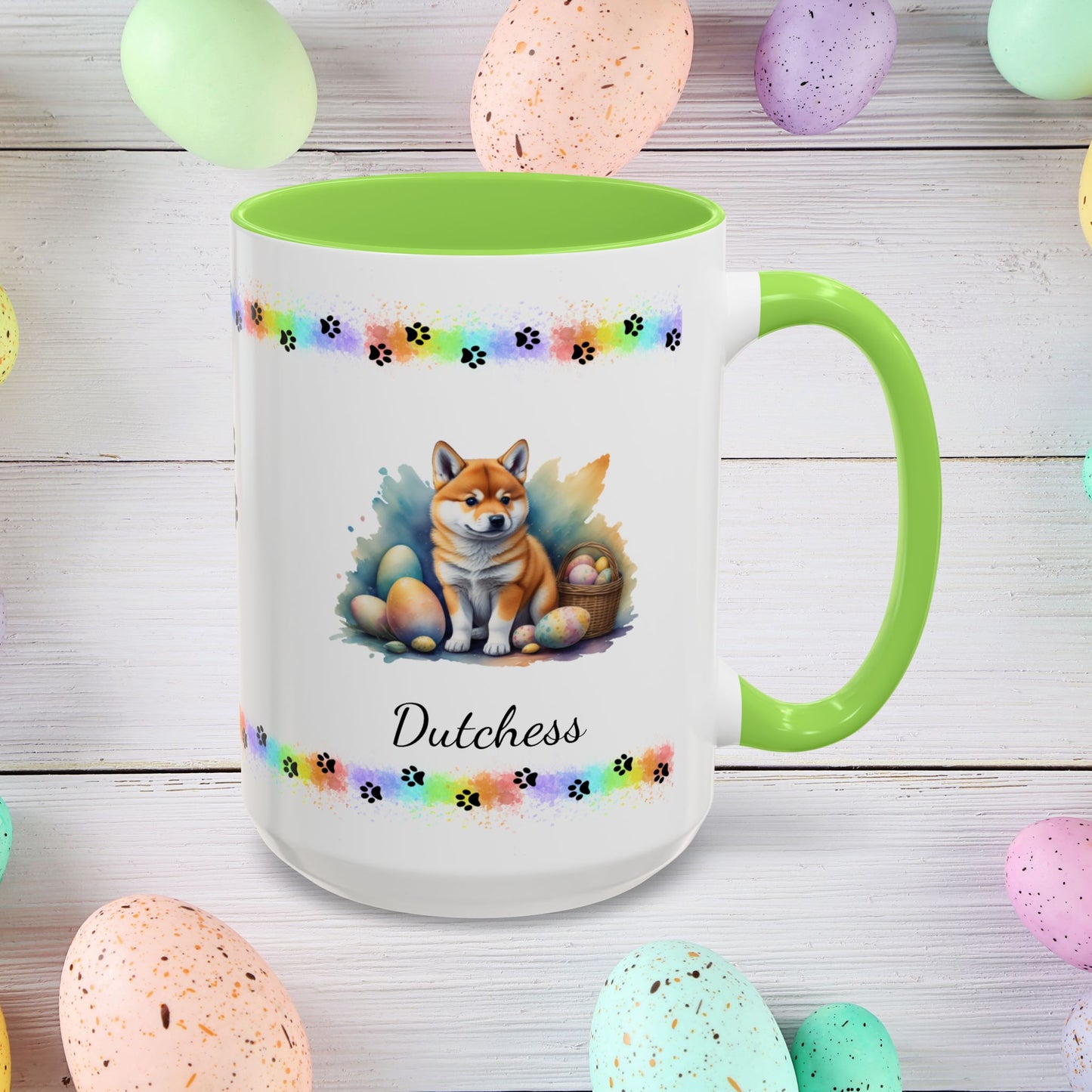 Shiba Inu Easter puppy coffee mug personalized for dog lovers, perfect for mental health support and Easter happiness.