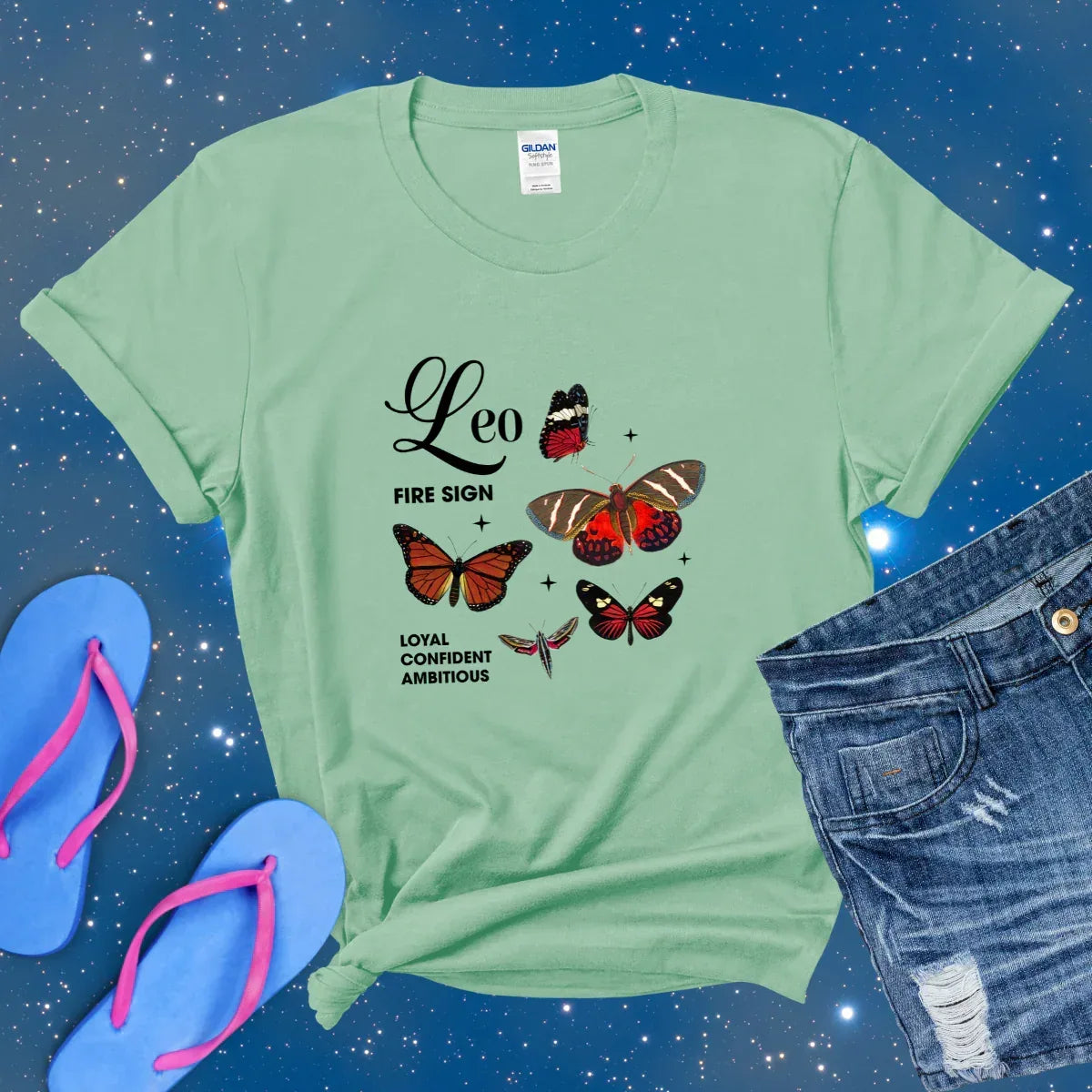 Shop our leo butterfly zodiac unisex softstyle t shirt featuring the Coral Silk style option from MySisterIsASurvivor.