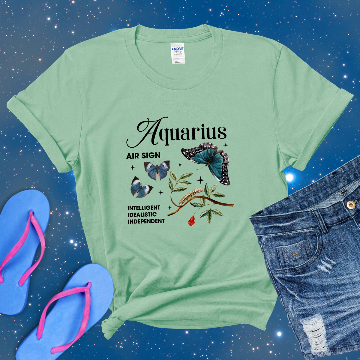 Aquarius Butterfly Zodiac T-Shirt, astrology horoscope shirt, Aquarius birthday gift tee for men or women
