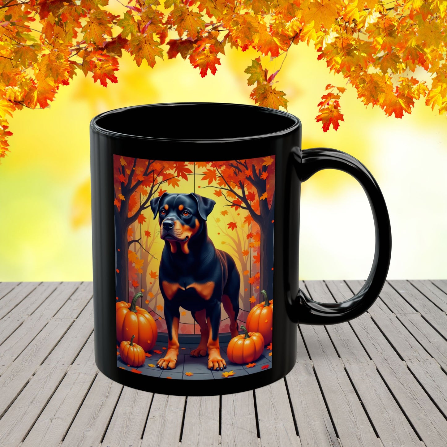 Black and Tan Rottweiler personalized mug, fall-themed coffee cup for dog lovers, cozy autumn drinkware gift