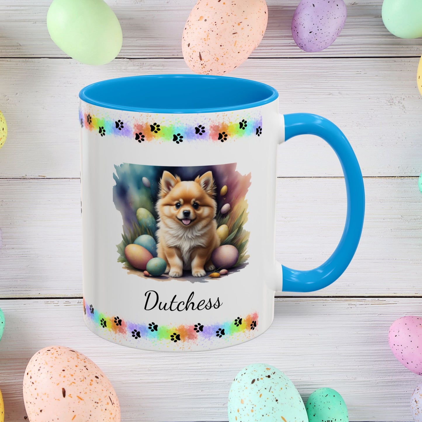 Pomeranian Orange Easter puppy coffee mug, personalized cute dog gift for mental health awareness and cozy drinks
