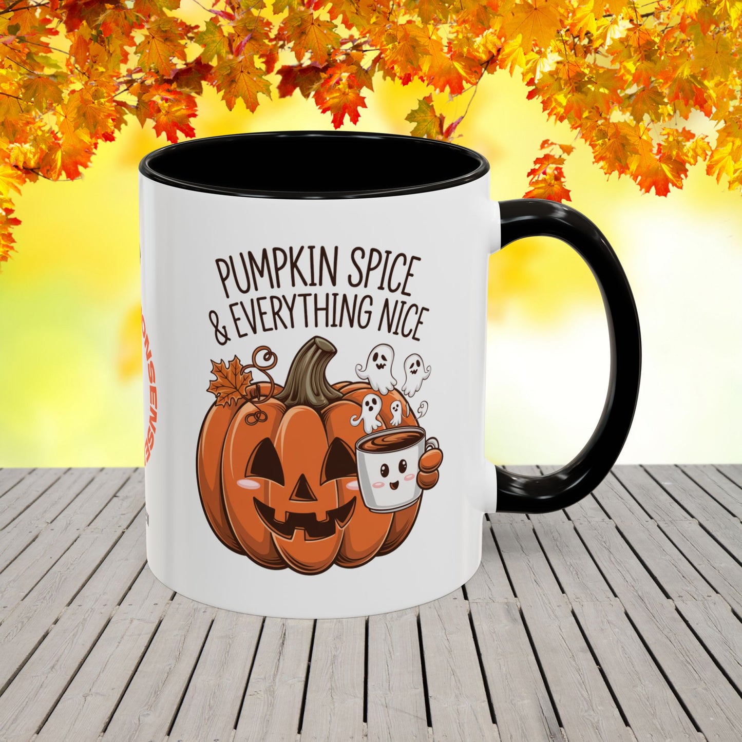Festive Halloween coffee mug with “Pumpkin Spice & Everything Nice” phrase, promoting positivity and emotional wellness