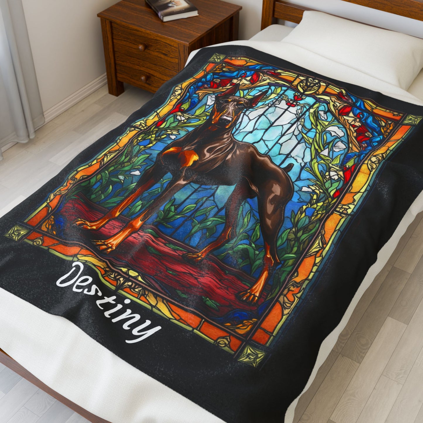 Doberman red and rust velveteen blanket, stained glass dog throw, personalized pet lover gift - MySisterIsASurvivor