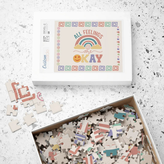 Shop our all feelings are ok mental health puzzle featuring the 252 pcs (Horizontal) style option from MySisterIsASurvivor.