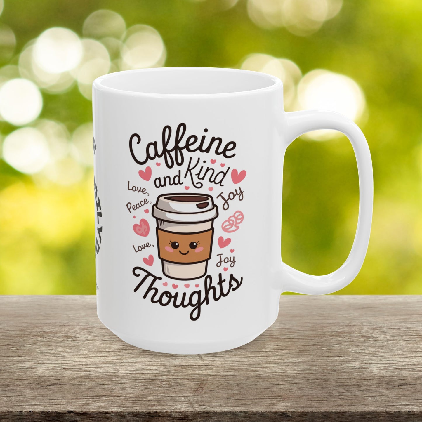 "Caffeine And Kind Thoughts" funny mental health mug, personalized for anxiety relief and self-care affirmations.