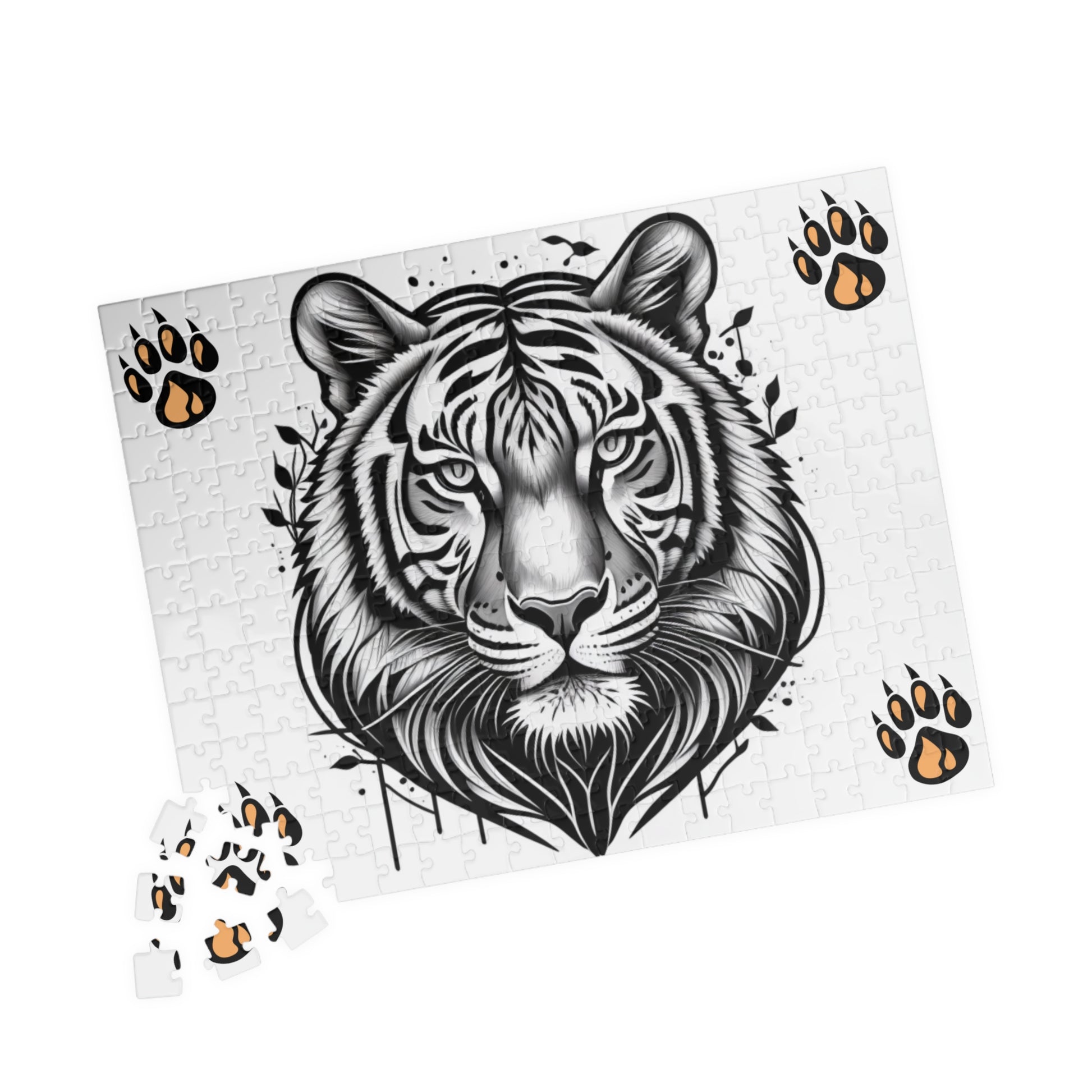 Roaring tiger in vivid jungle scenery, featured on a puzzle designed to inspire boldness and determination