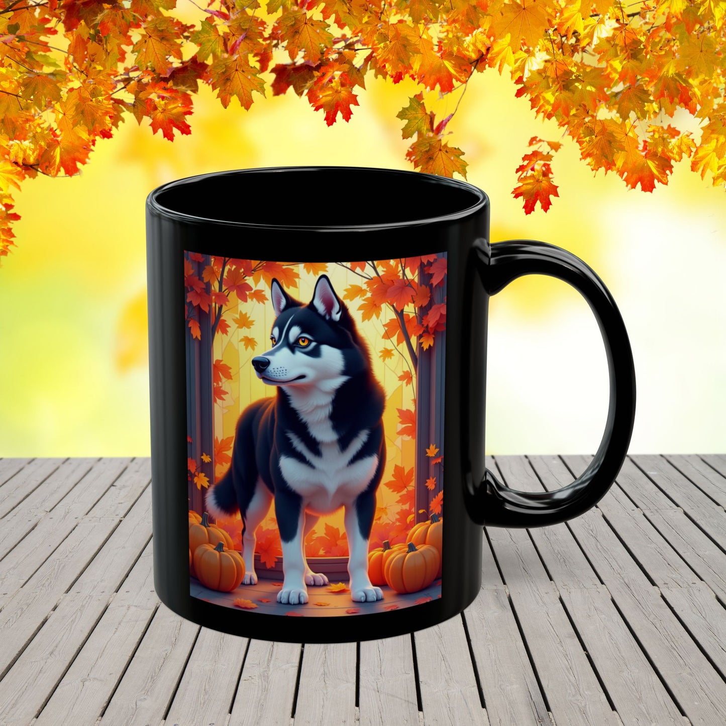 Black & White Husky (Amber Eyes) autumn mug, personalized dog owner gift for cozy fall coffee or tea