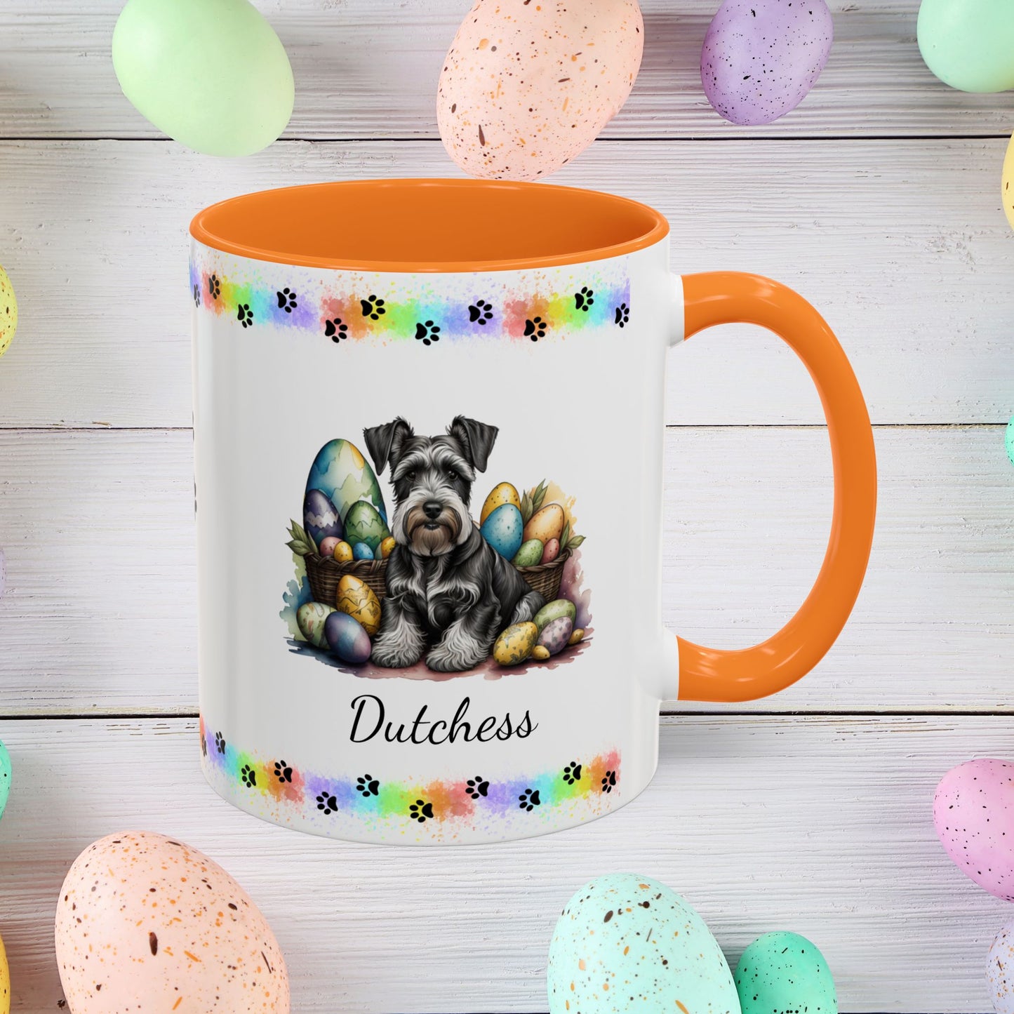 Gray Schnauzer Easter puppy coffee mug personalized for dog moms and dads, perfect for mental health awareness gifts.