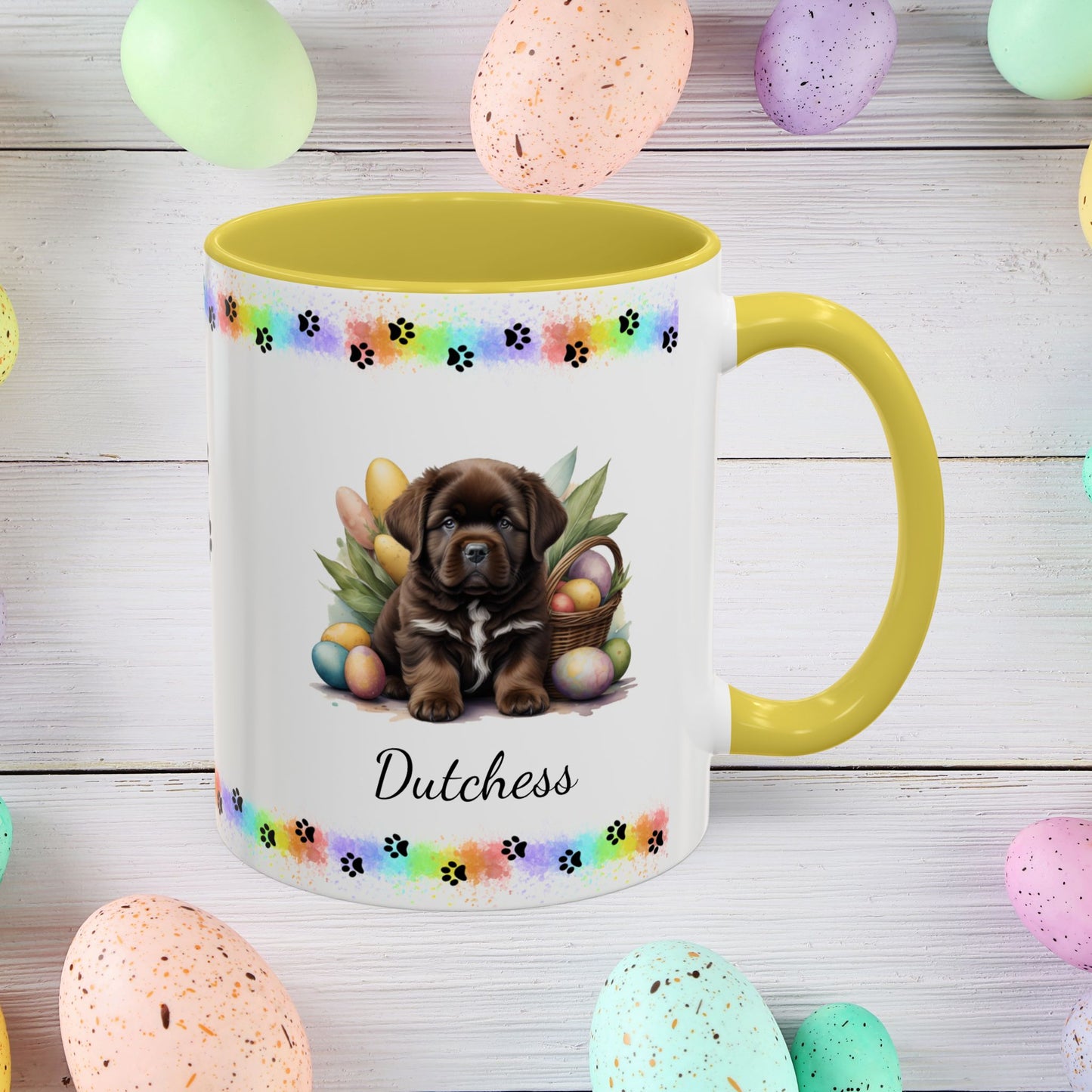 Newfoundland Brown Easter puppy coffee mug, personalized cute dog coffee cup gift for mental health support