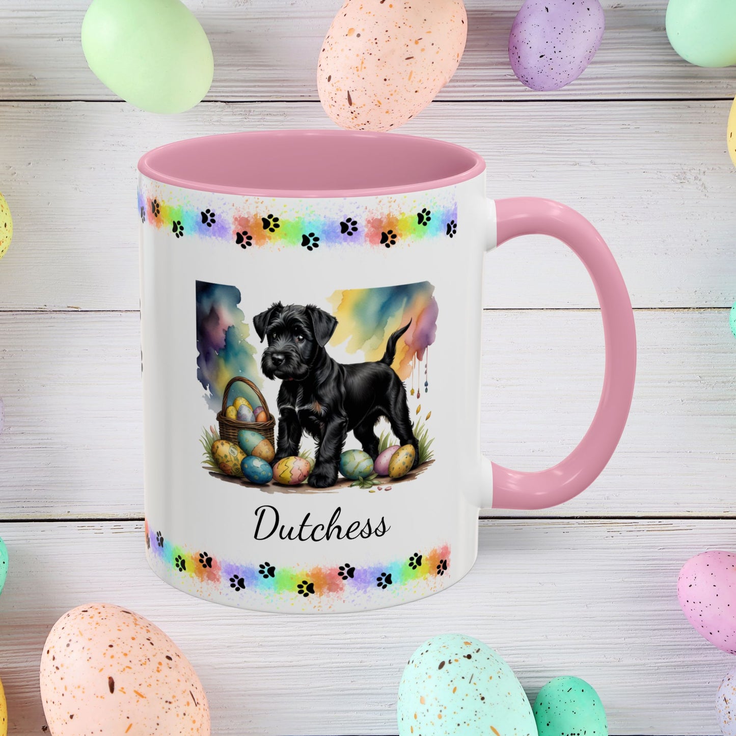 Black Schnauzer Easter puppy coffee mug personalized dog lover gift, promoting peace, positivity, and emotional wellness.