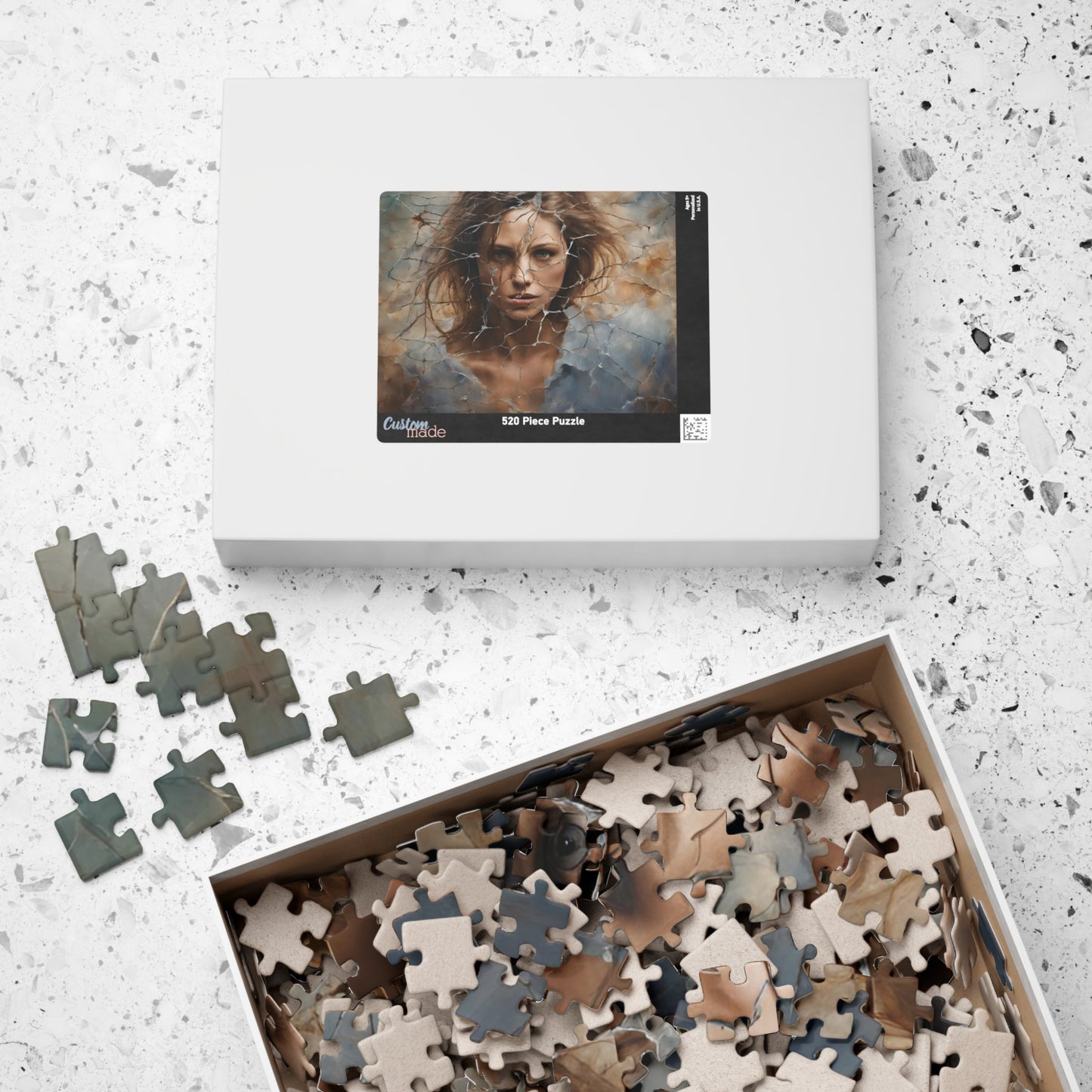 Break Free - Woman's Portrait Puzzle with Cracked Texture in Muted Blue and Brown Tones