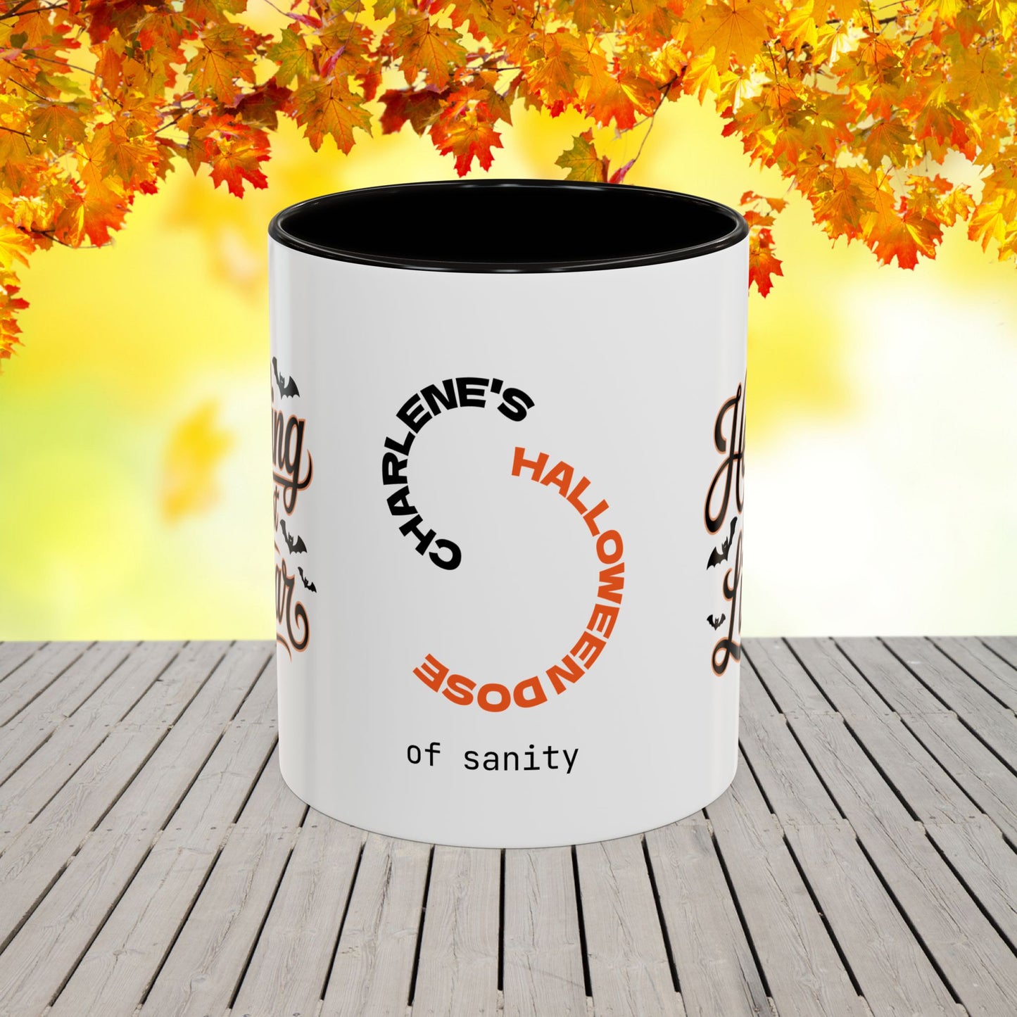 Personalized Halloween self-care mug with “Healing Is Not Linear” quote, mental health awareness gift with custom name.