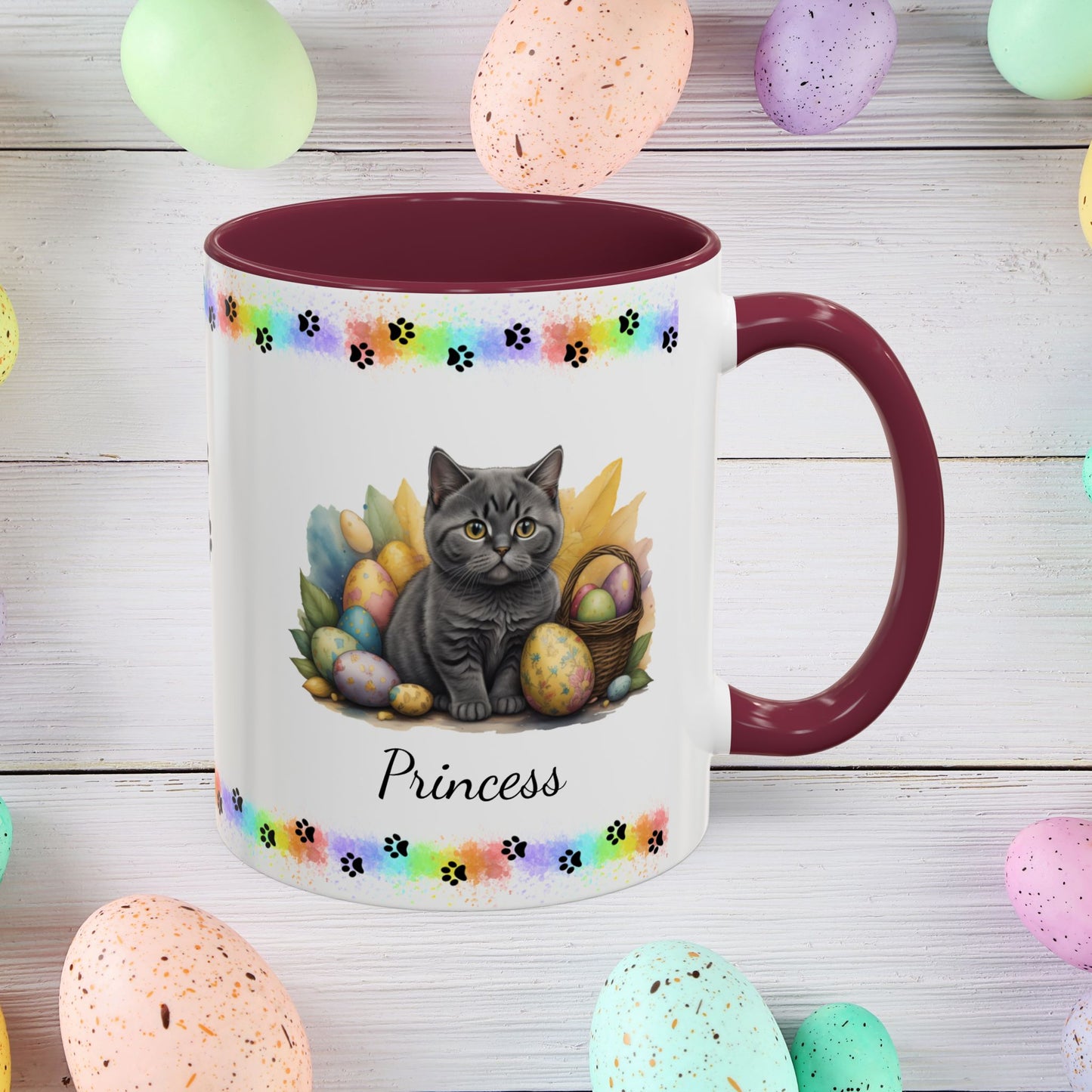 British Shorthair Easter coffee mug, personalized kitten design, cute cat gift for mental health awareness
