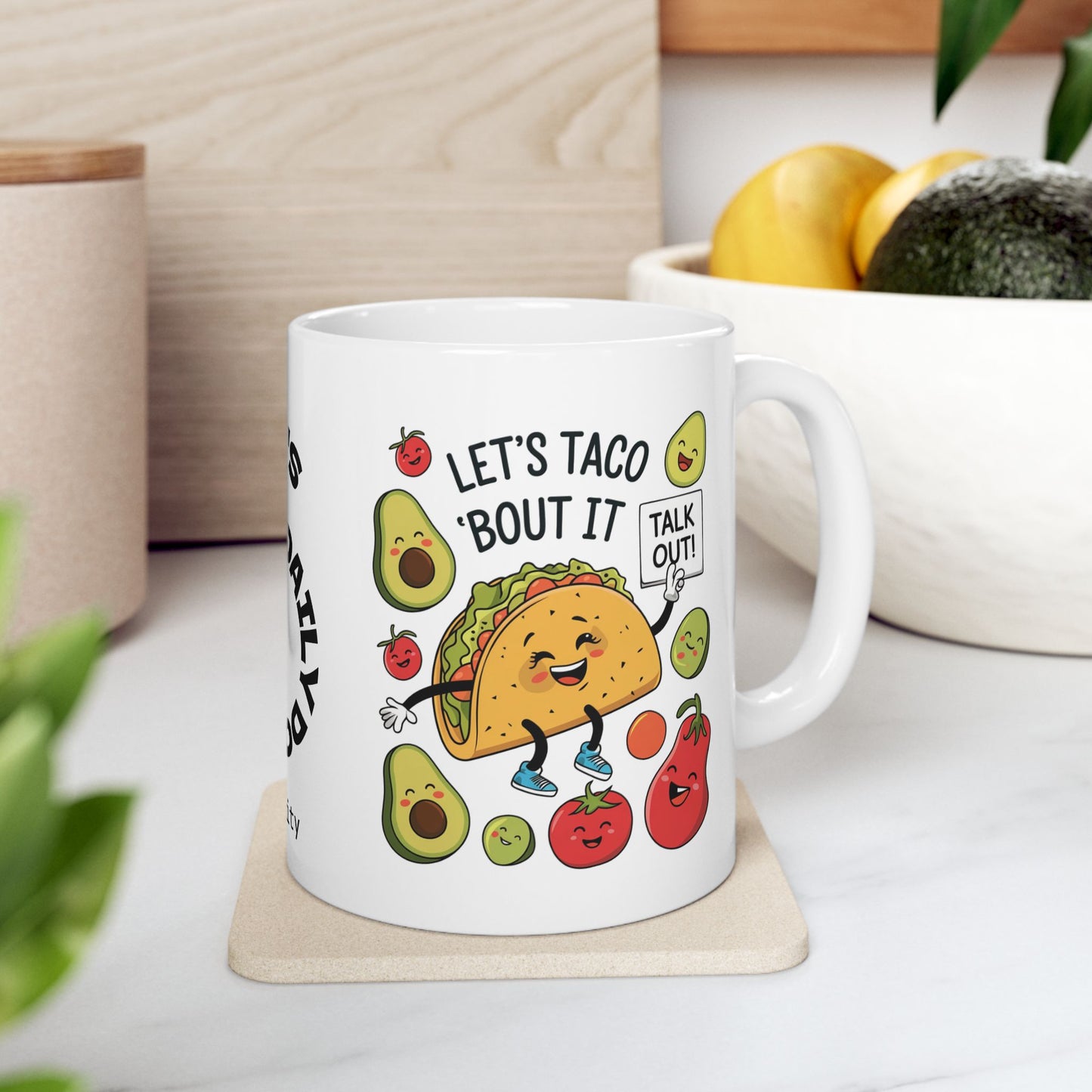 Let's Taco 'Bout It Funny Mental Health Mug, Stylish Ceramic Coffee Cup, Positive Affirmation Gift, Anxiety Relief, Self-Care Mug, Therapist Office Décor