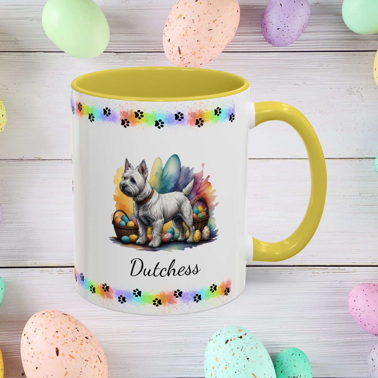 West Highland Terrier Easter puppy coffee mug personalized gift, perfect for Easter mornings and mental health awareness.