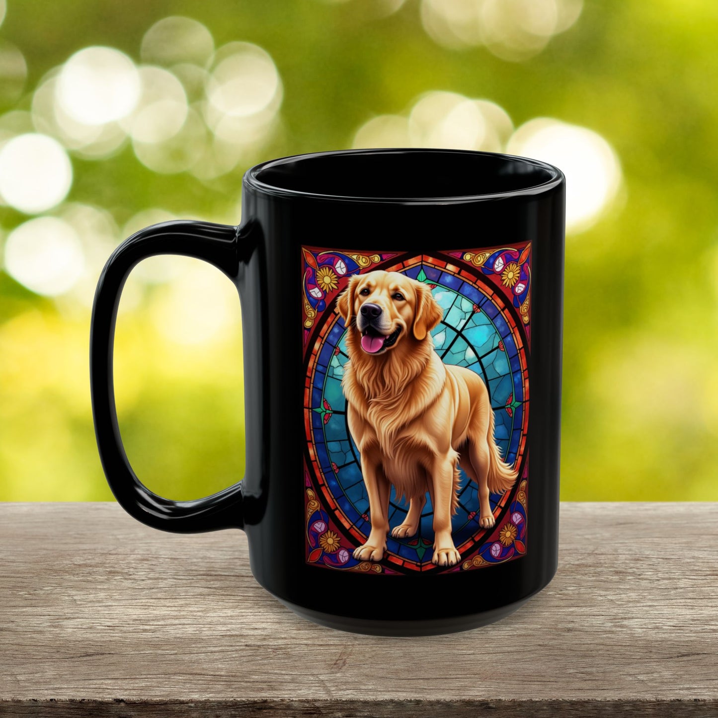 Classic Golden Retriever stained glass style coffee mug, customizable with dog name, perfect gift for pet parents