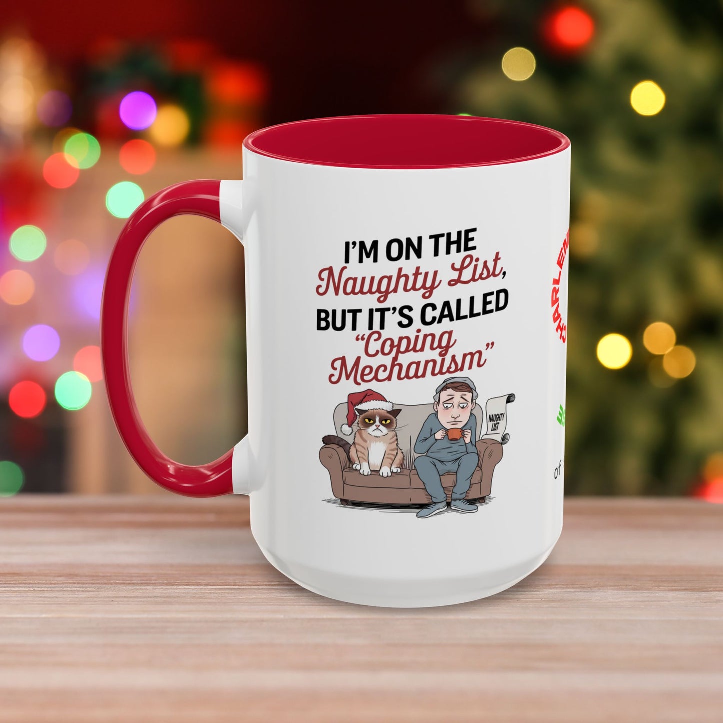 I'm On The Naughty List, But It's Called 'Coping Mechanism' - Christmas Mug with Male and Cat Design and Accent Color