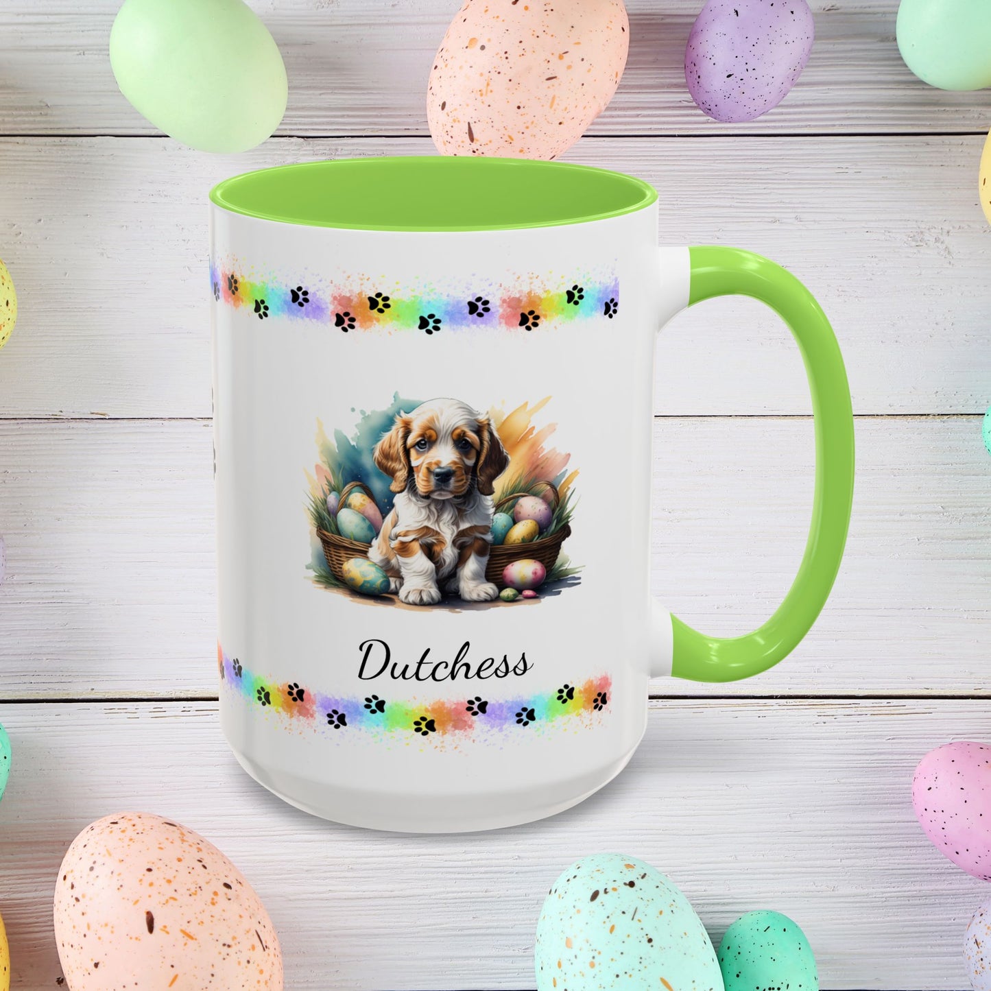 Cocker Spaniel Orange Roan personalized Easter puppy mug, cute dog coffee cup gift for mental health awareness
