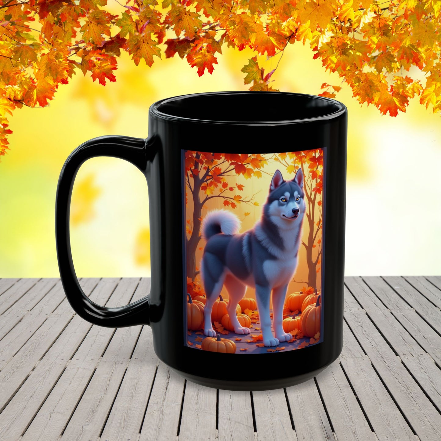 Dark Grey Siberian Husky (Amber Eyes) autumn coffee mug, personalized gift for Husky lovers this fall