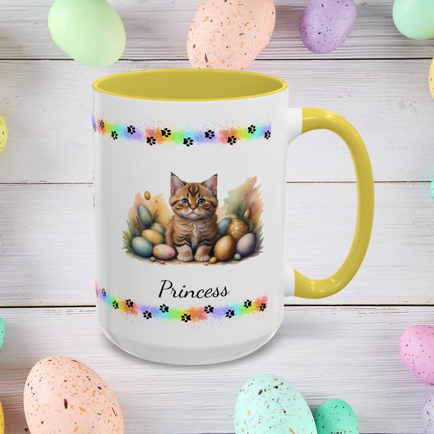 Bobtail cute kitten Easter coffee mug, personalized gift for cat lovers, mental health awareness and home use