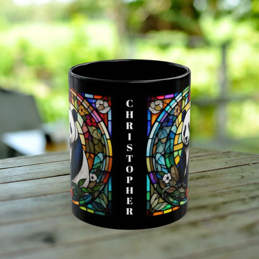 Shop our panda stained glass zoo animals ceramic black mug featuring the 15oz style option from MySisterIsASurvivor.
