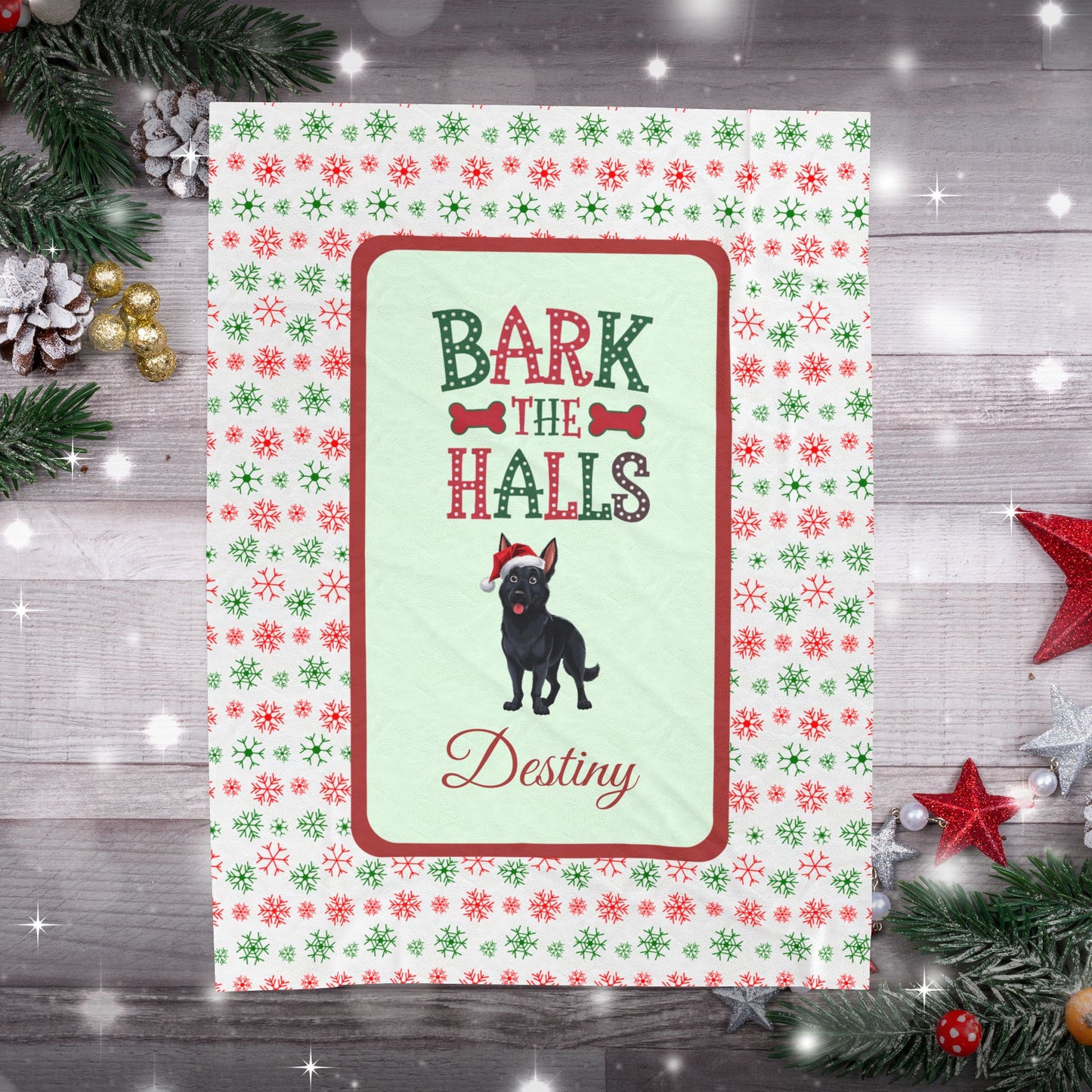 German Shepherd Black custom velveteen blanket Bark The Halls cozy holiday dog lover gift