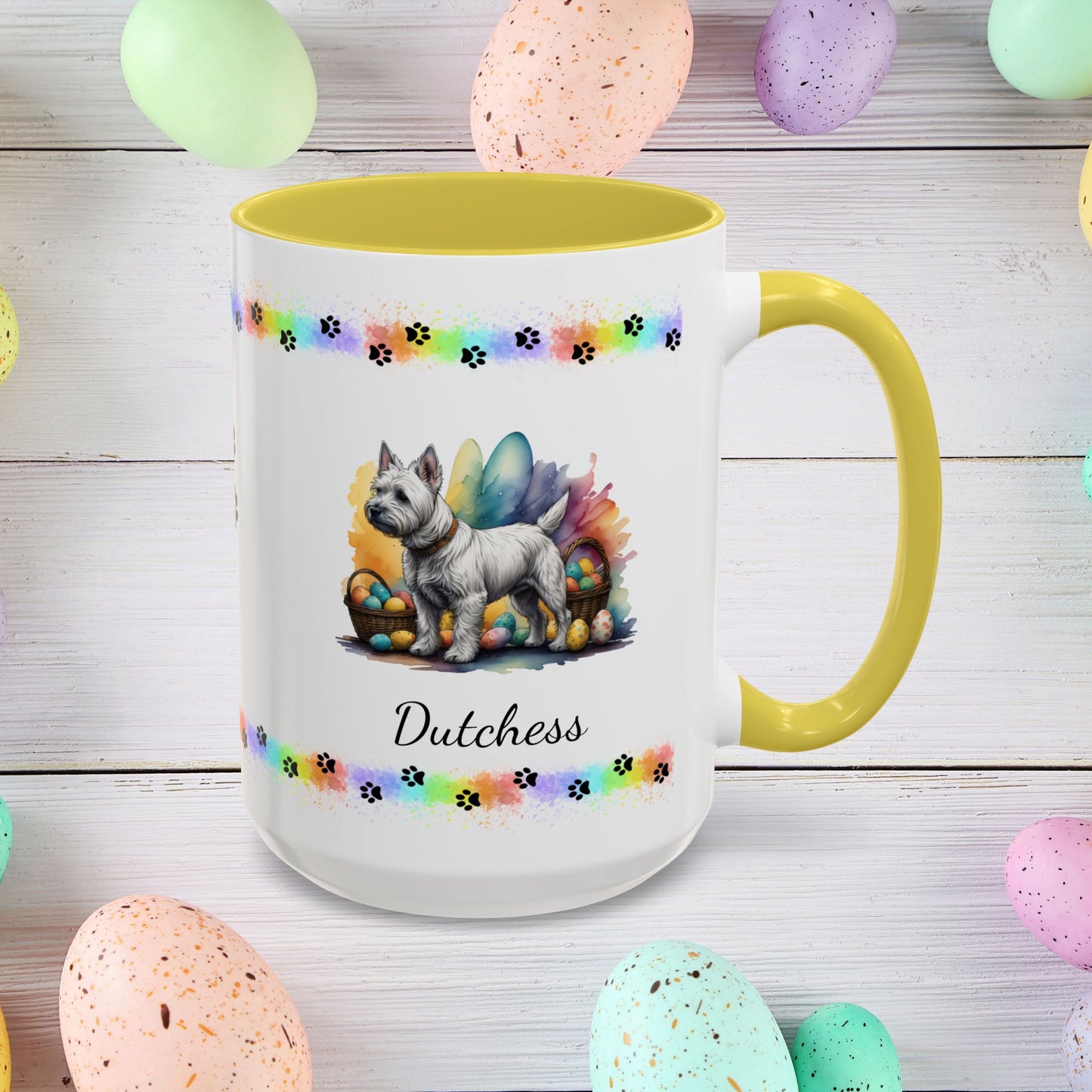 West Highland Terrier Easter puppy coffee mug personalized gift, perfect for Easter mornings and mental health awareness.