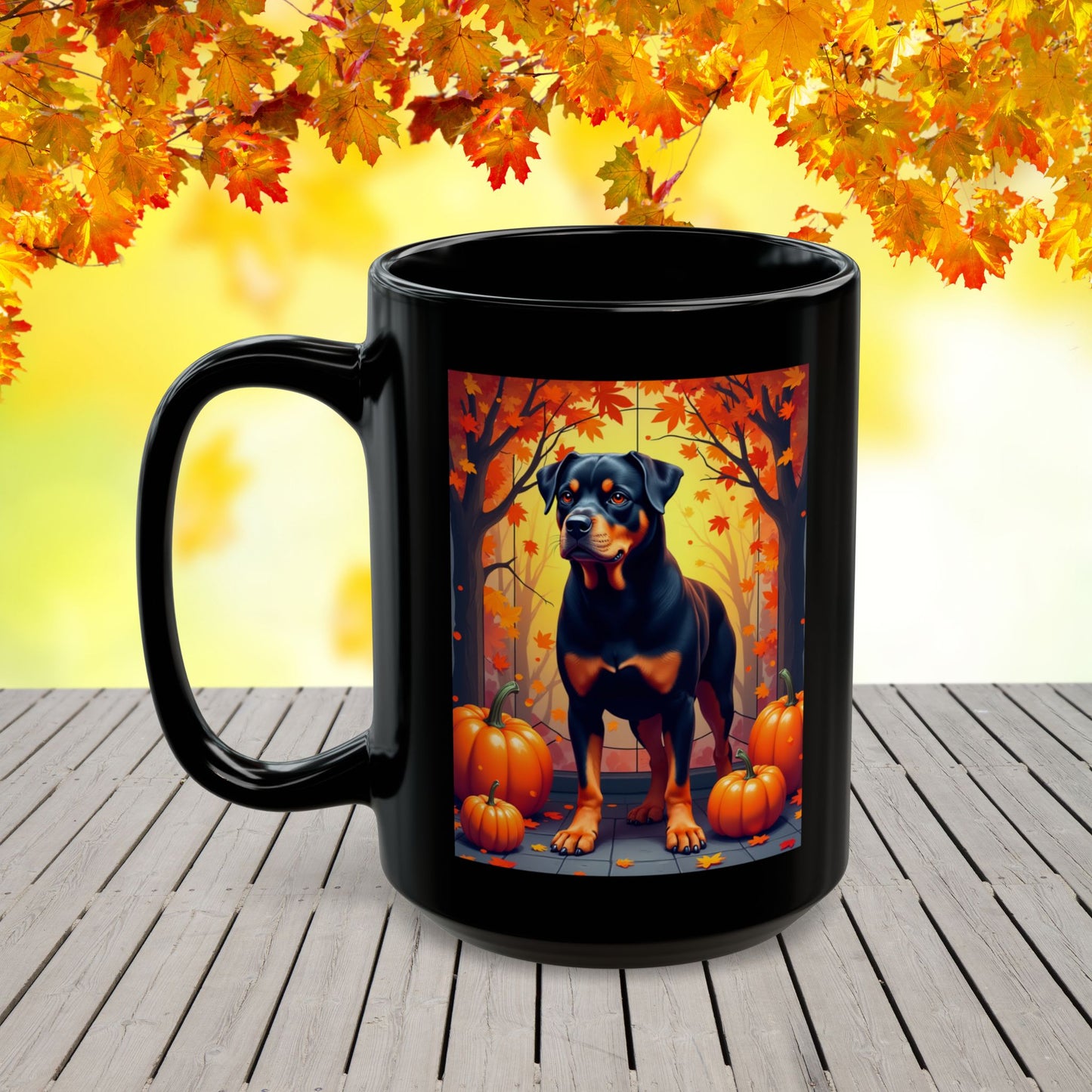 Black and Tan Rottweiler personalized mug, fall-themed coffee cup for dog lovers, cozy autumn drinkware gift