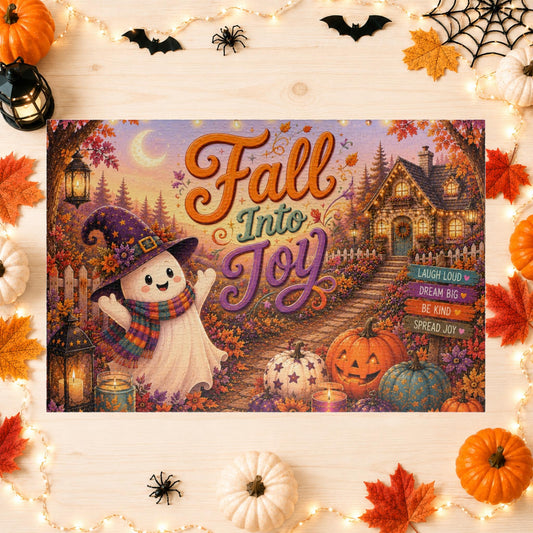 Fall Into Joy Halloween puzzle featuring happy ghost, cozy cottage path, and inspirational sign