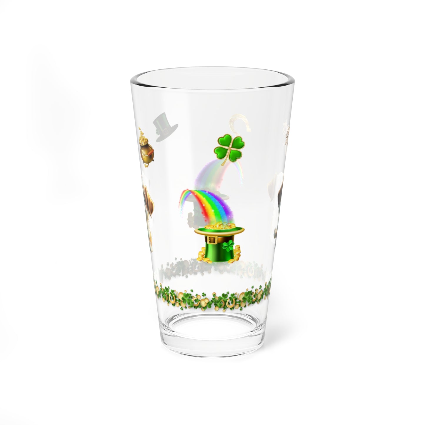 Clover Cuddles Canine: Mindful St. Patrick's Day 16oz Pint Glasses - Festive Design for Positivity & Wellness